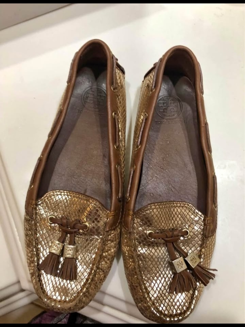 Tory Burch Metallic Gold Tassel Driving Loafers